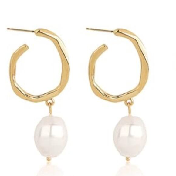 Gold Ruffled Hoop Earrings with Pearl Charm - Picture 1 of 2